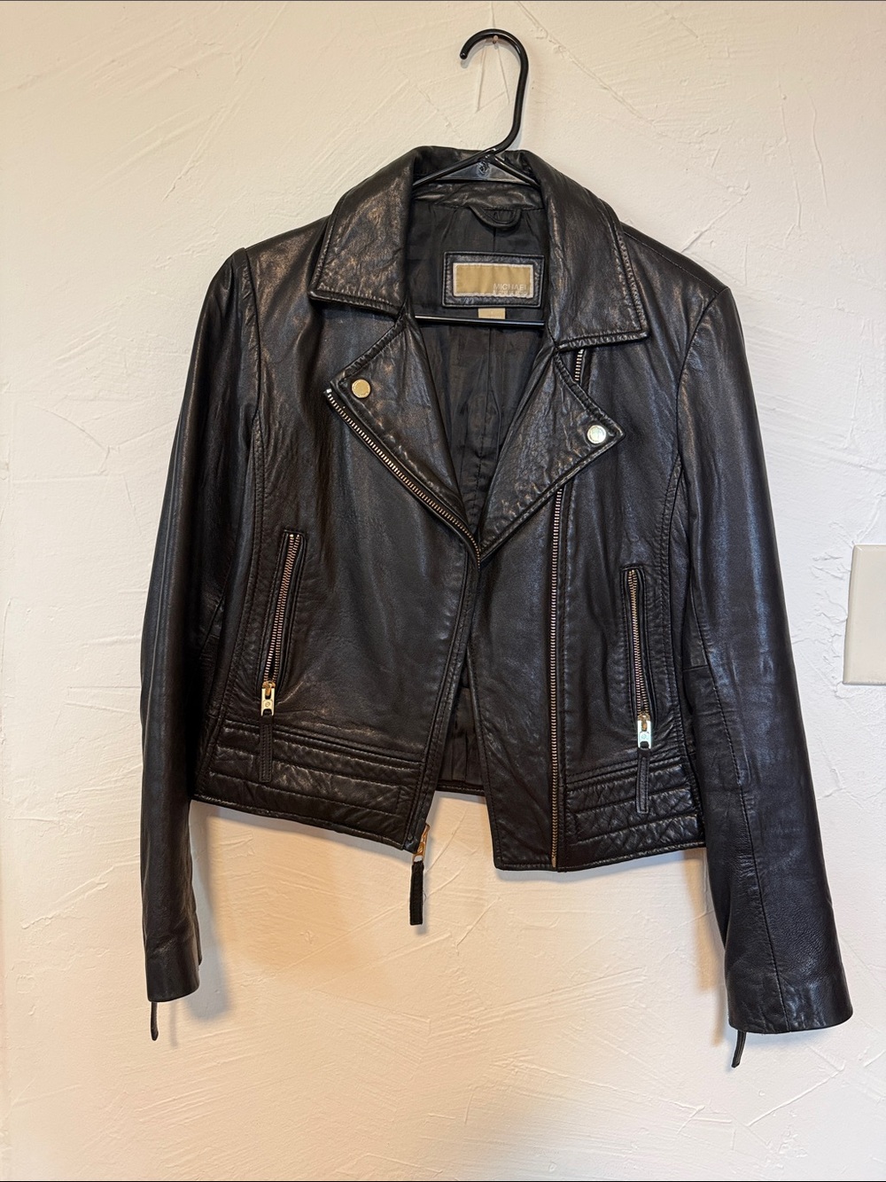 MICHAEL Michael Kors Black Leather Moto Jacket with Gold-Tone Accents